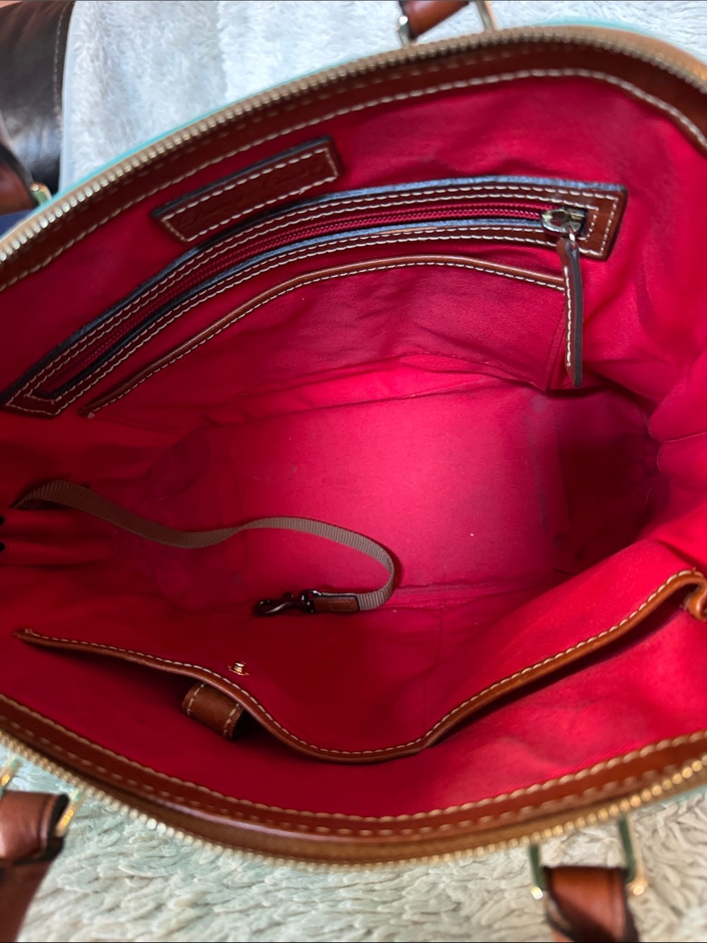 Dooney & Bourke Aqua Pebble Leather Satchel with Brown Trim and Handles - Picture 8 of 13